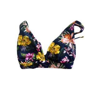 Kona Sol Navy Floral Plunge Bikini Top Size Large (D/DD)